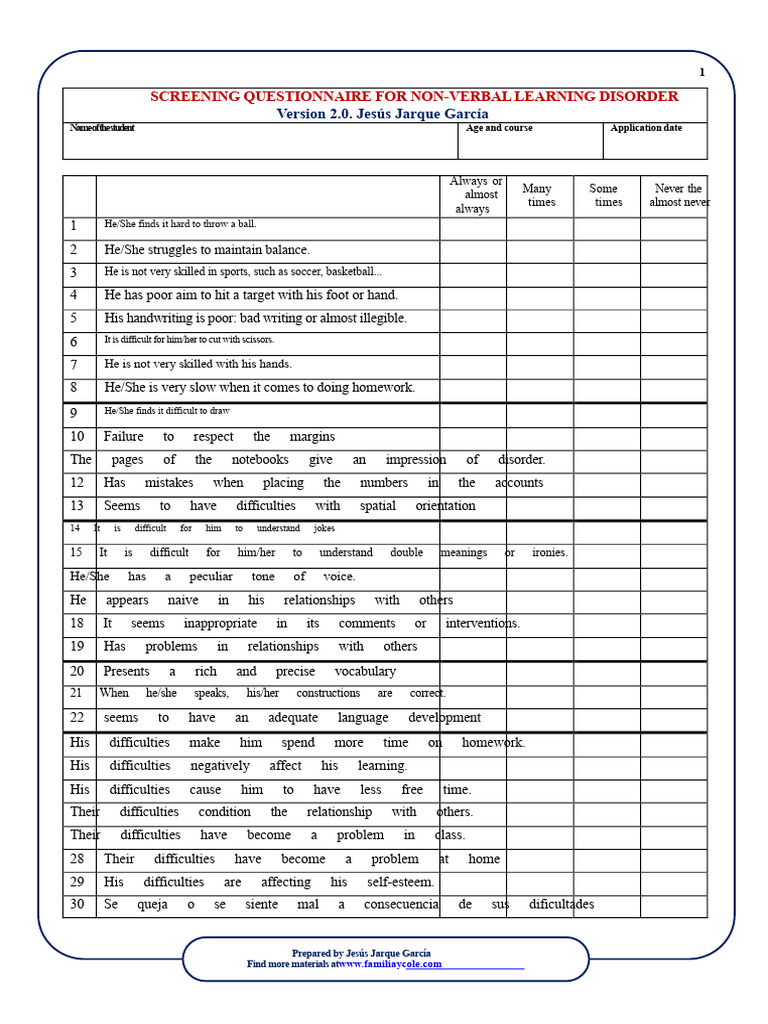 02 Screening Questionnaire Tanv Reviewed | PDF | Learning Disability ...