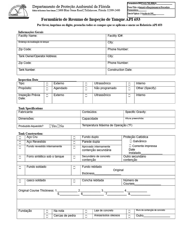 Formulário de Inspeção de Tanque API 653 | PDF | Líquidos | Materiais