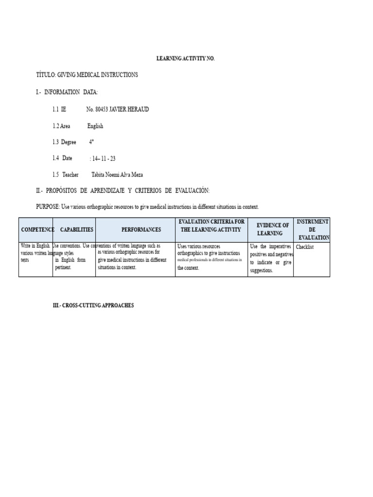Medical Instruction Learning Activity | PDF | Learning | Behavior ...