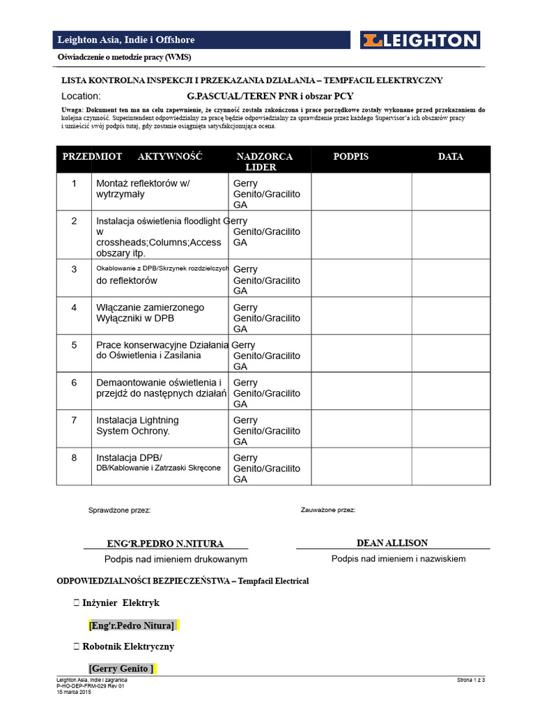 Tempfacil-Oświadczenie o Metodzie Pracy W Zakresie Prac Elektrycznych ...