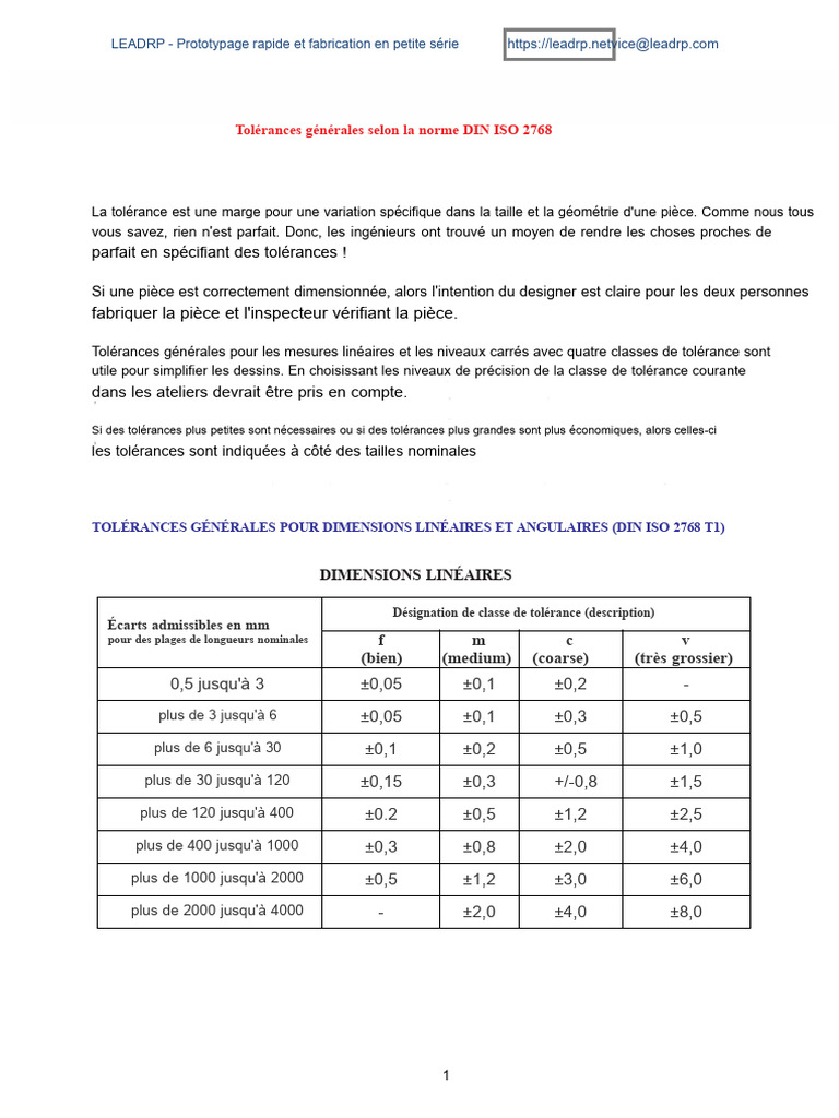 Tolérances DIN ISO 2768 pour Fabrication | PDF