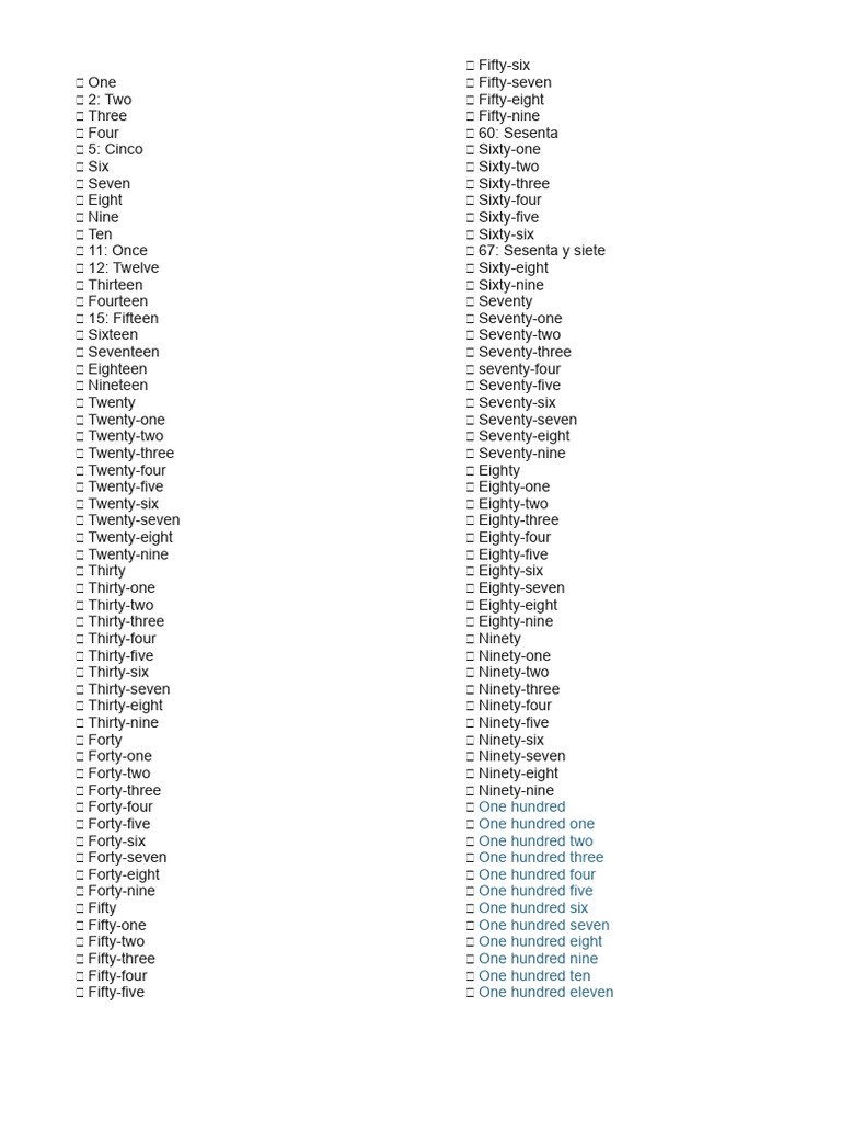 Number List from One to Three Hundred | PDF