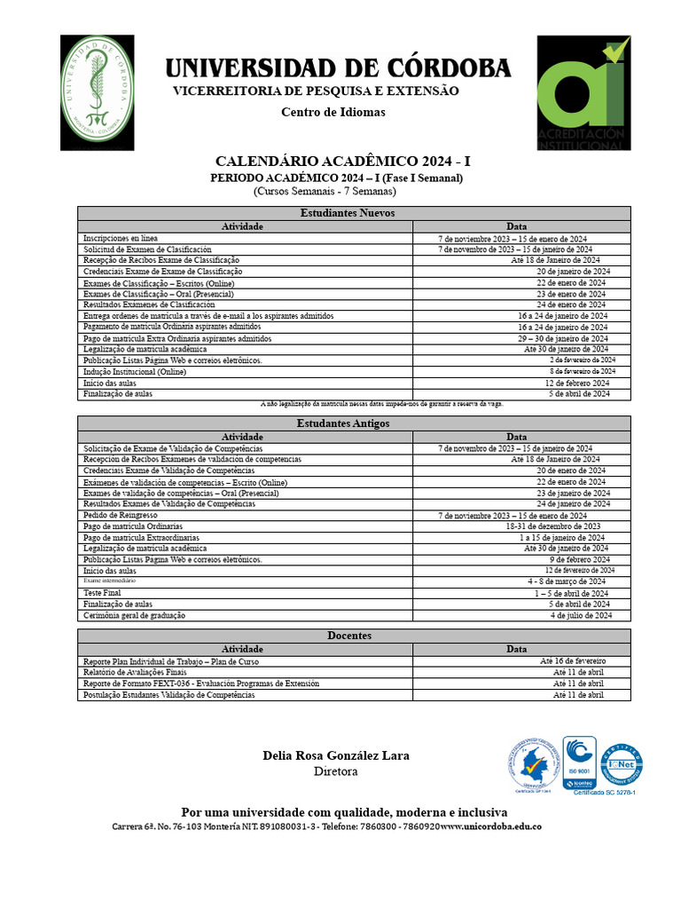 Calendário Acadêmico 2024 - Centro de Idiomas | PDF