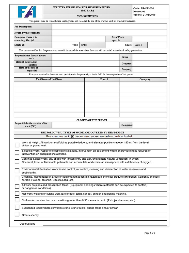 High-Risk Work Permit Template | PDF