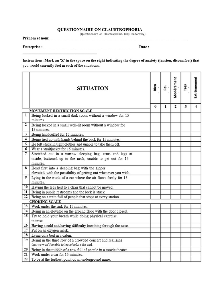 Claustrophobia Anxiety Questionnaire | PDF