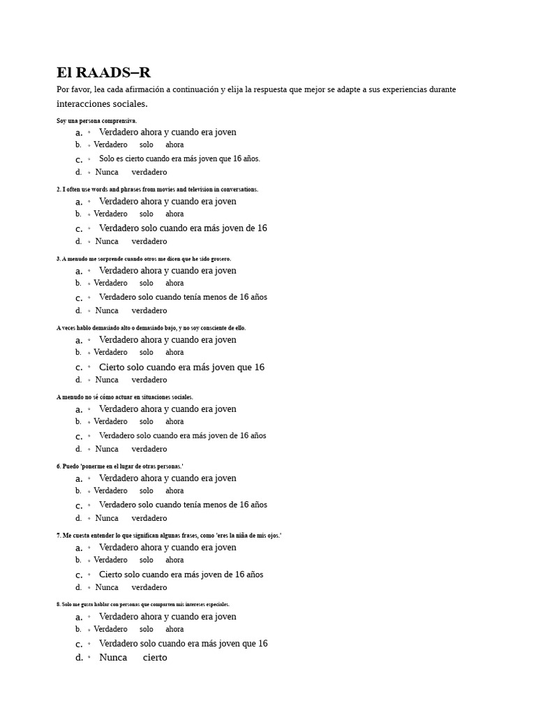 Cuestionario RAADS-R sobre Interacciones Sociales | PDF