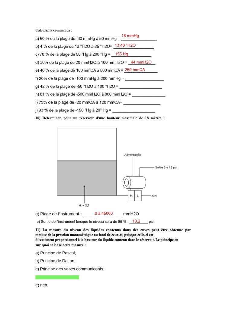 Calculs de niveau et pression en mmH2O | PDF