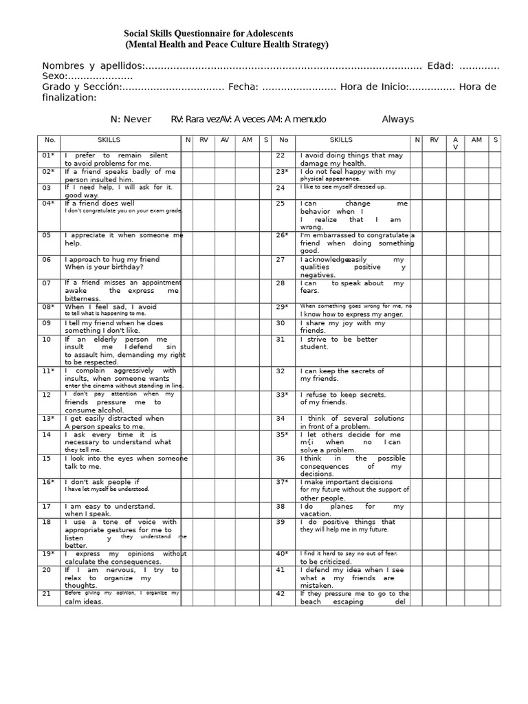 Adolescent Social Skills Questionnaire | PDF | Social Psychology ...