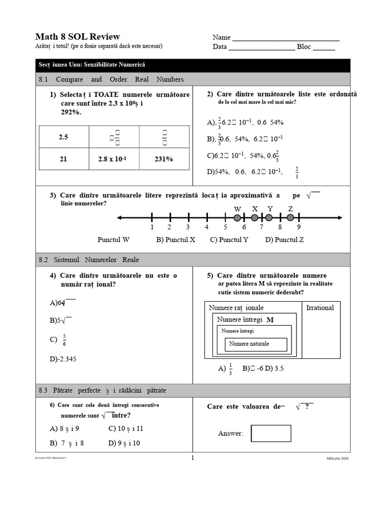 Math 8 SOL Review: Secț Iunea Unu: Senzibilitate Numerică | PDF