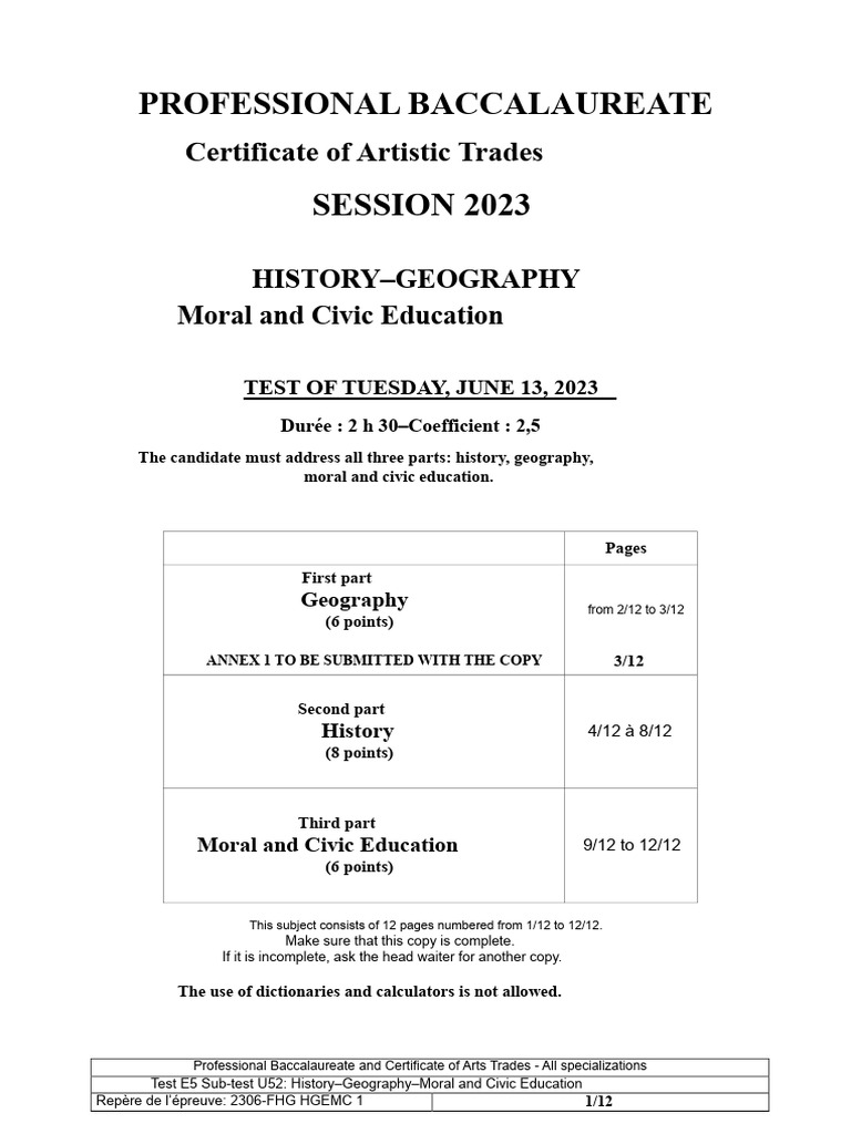 Baccalaureate Test: History, Geography, Ethics | PDF | Information