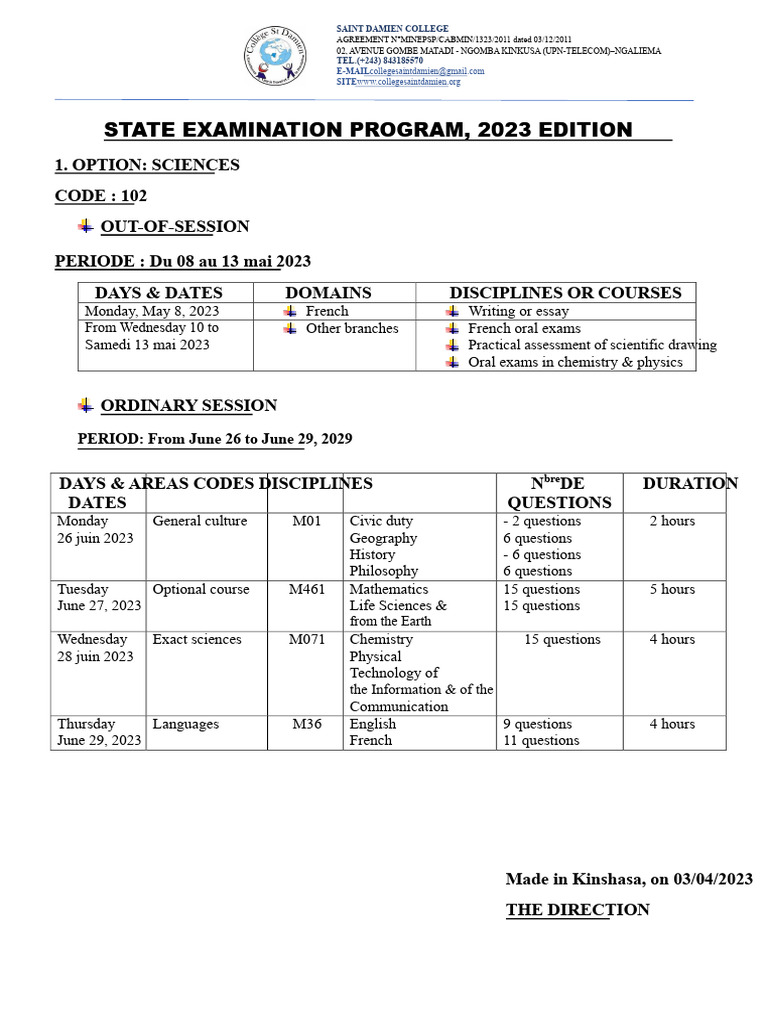 State Examination Program 2023: Sciences | PDF | Qualifications | Science