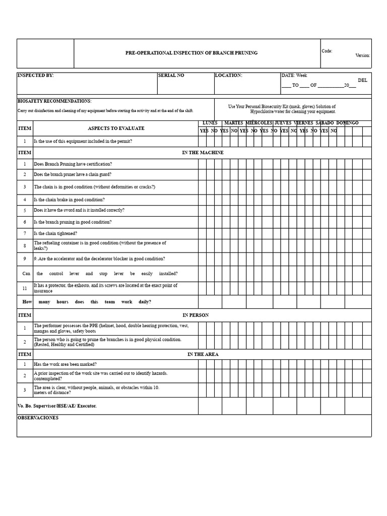 Branch Pruning Pre-Operational Checklist | PDF | Personal Protective ...