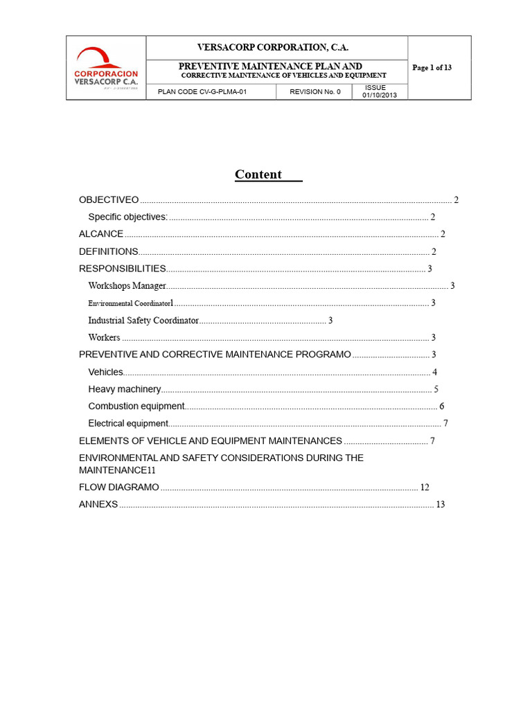 Preventive and Corrective Maintenance Plan For Vehicles and Equipment ...