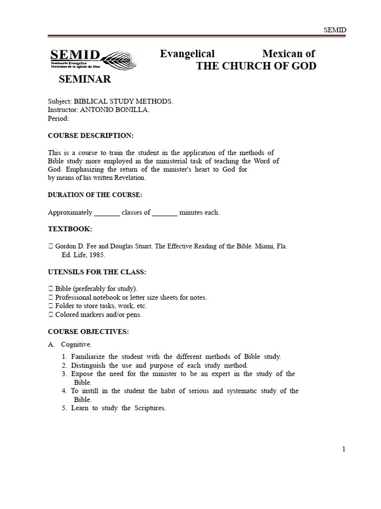 Bible Study Methods, Course Plan | PDF | Epistle To Philemon | Bible