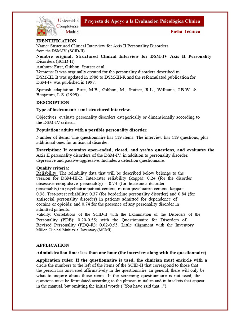 SCID-II: DSM-IV Personality Disorder Interview | PDF | Diagnostic And ...