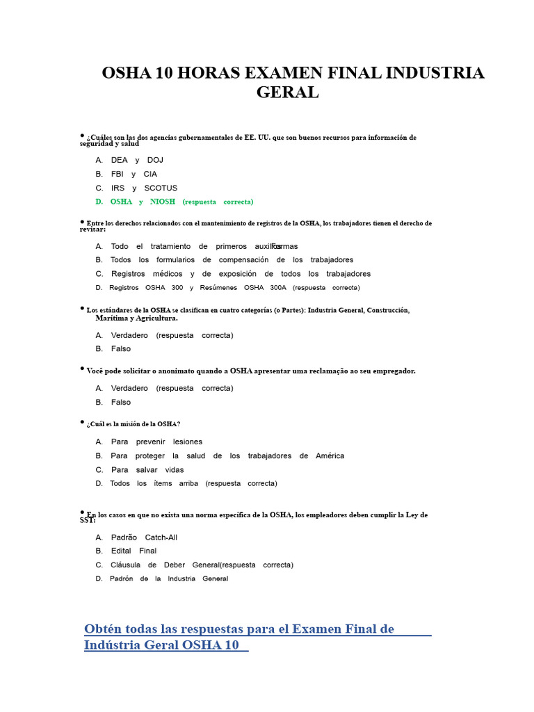 Respuestas Del Examen Final de La Industria General de 10 Horas de La OSHA | PDF ...