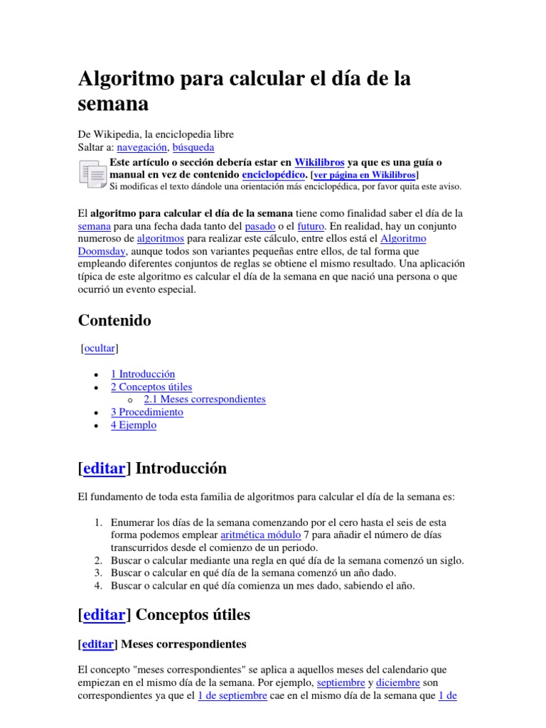 Algoritmo para calcular el día de la semana | PDF | Enseñanza de ...