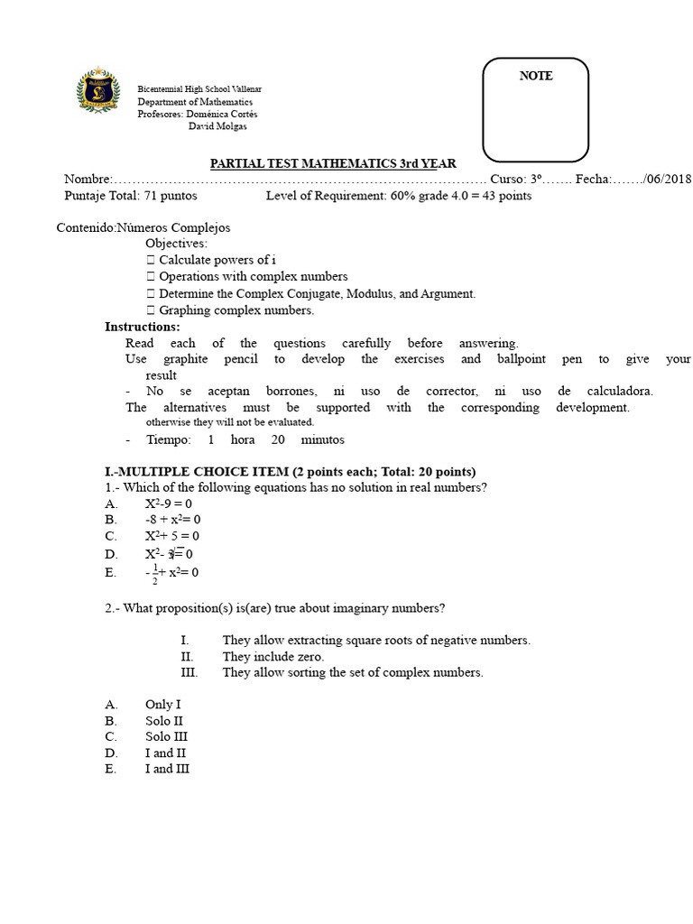 Complex Numbers Assessment 3rd Year High School 2018 | PDF | Complex ...