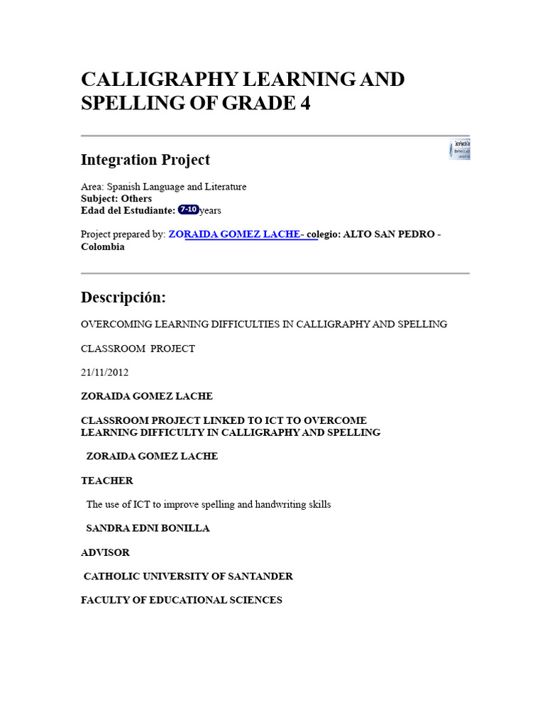 Calligraphy and Spelling Project for 4th Grade | PDF | Educational ...