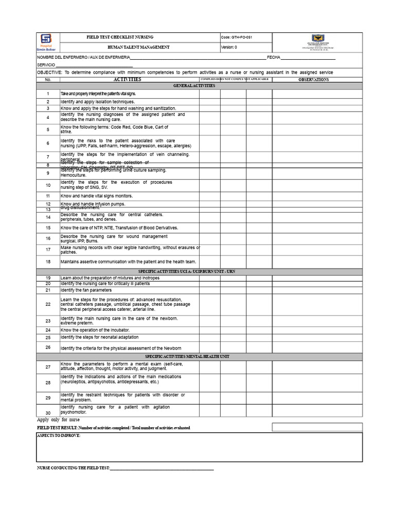 Gth-Fo-051 Checklists Field Test Nursing v0 | PDF | Nursing | Neonatal ...