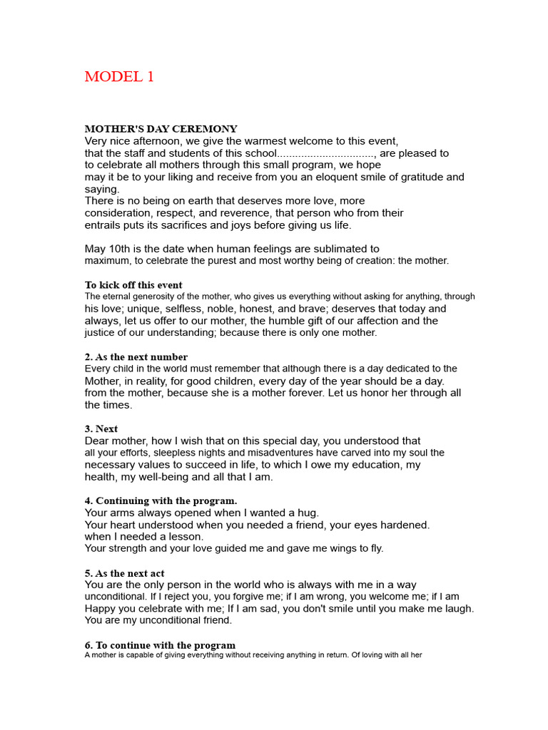 Mother's Day Ceremony Program | PDF | Love