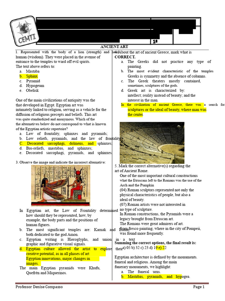 Ancient Art Exam Corrected | PDF | Ancient Egypt | Sphinx