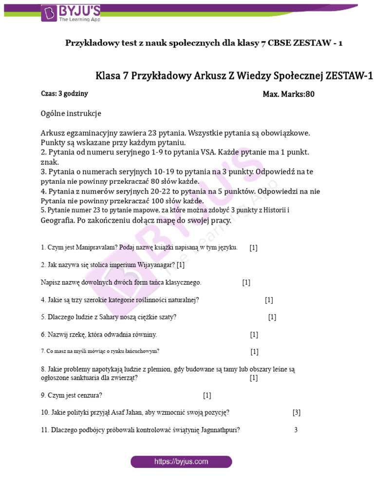 Przykładowy Test Z Nauk Społecznych Dla Klasy 7 CBSE ZESTAW 1 | PDF