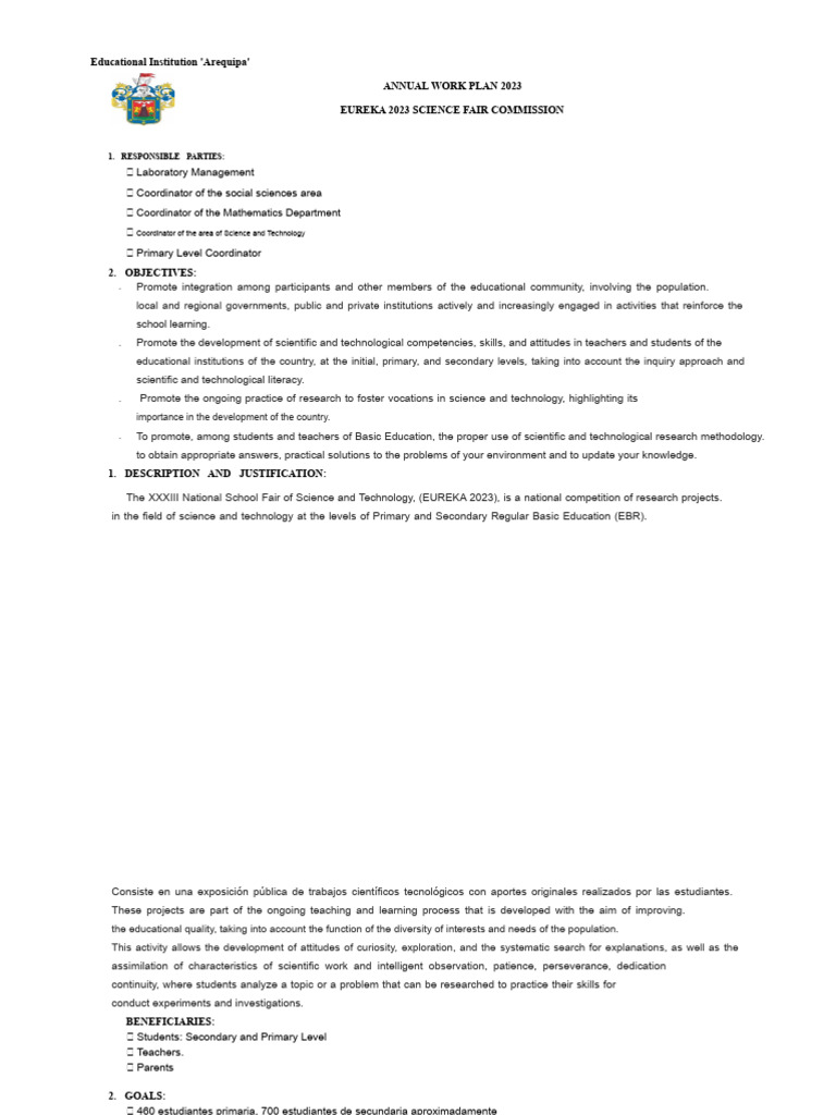 Arequipa 2023 Science Fair Work Plan | PDF | Science | Science ...