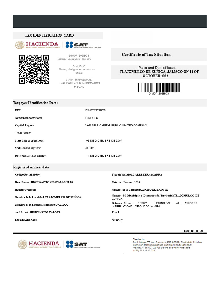 Tax Situation Certificate - Dimuflo SA de CV | PDF | Taxes | Value ...
