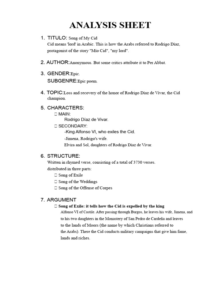 Song of My Cid - Analysis Sheet | PDF