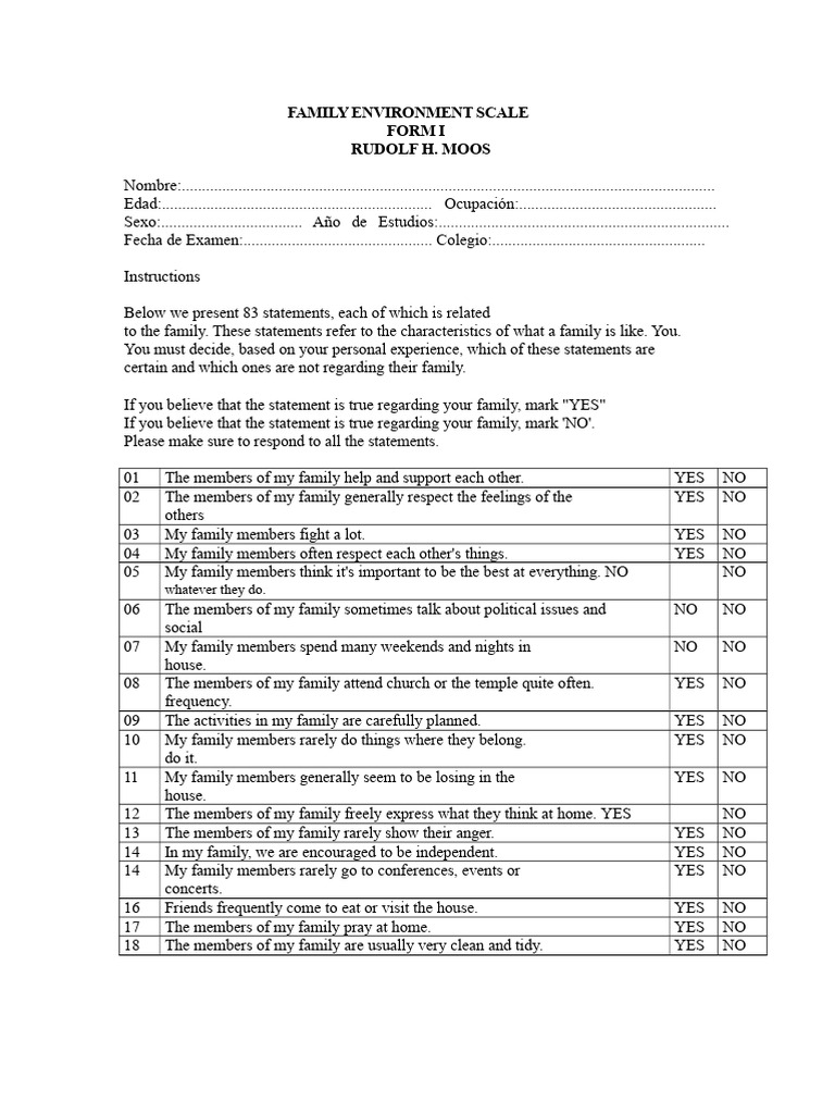 Family Environment Scale Assessment | PDF | Anxiety | Feeling