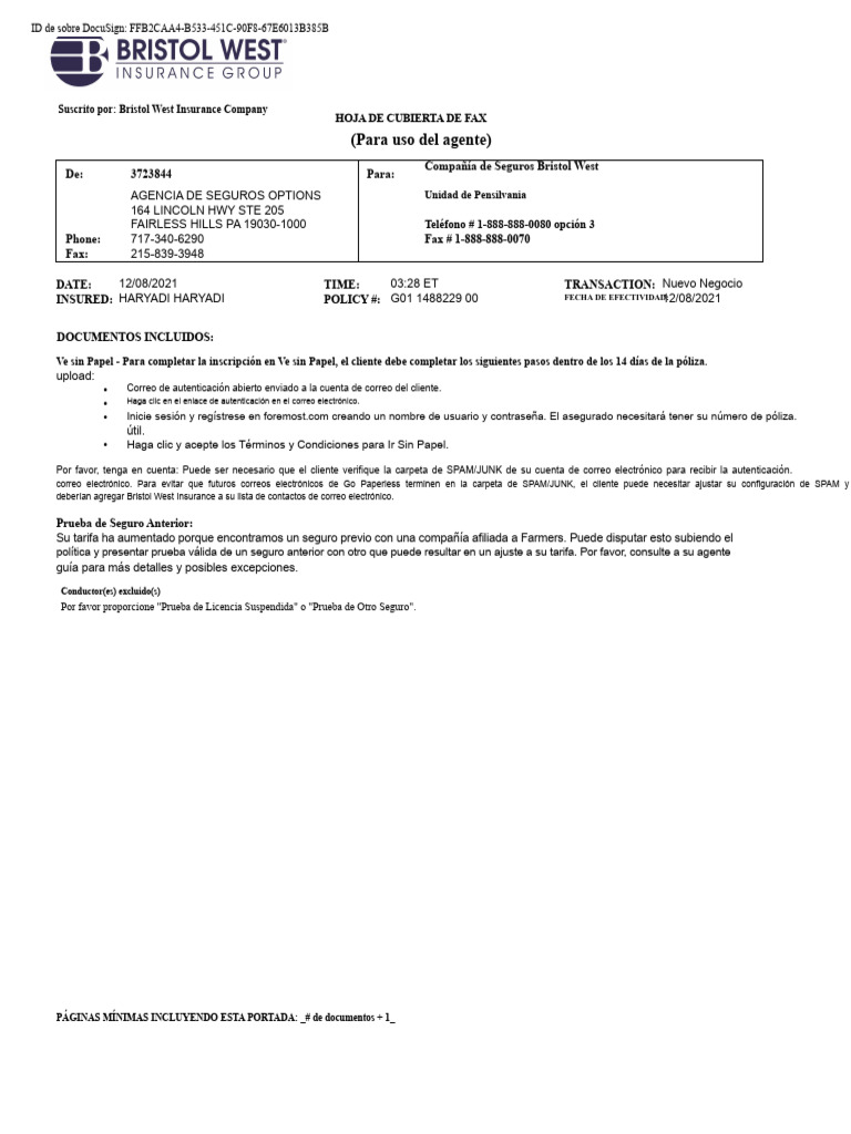 Hoja de Cubierta de Fax - Bristol West Insurance | PDF | Póliza de ...