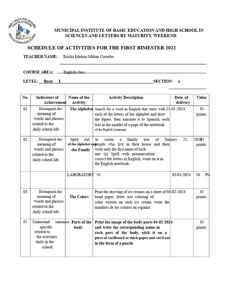 First Bimester English Activities Guide | PDF | Alphabet | English Language