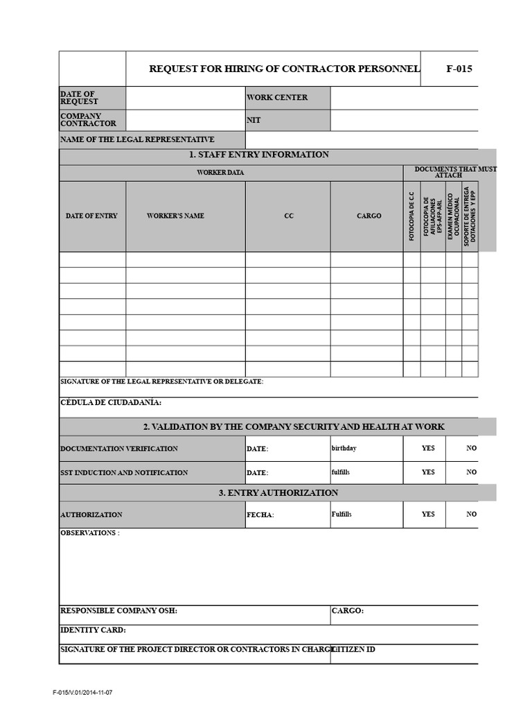 F-015 Request For Personal Entry - Contractor V.01 | PDF