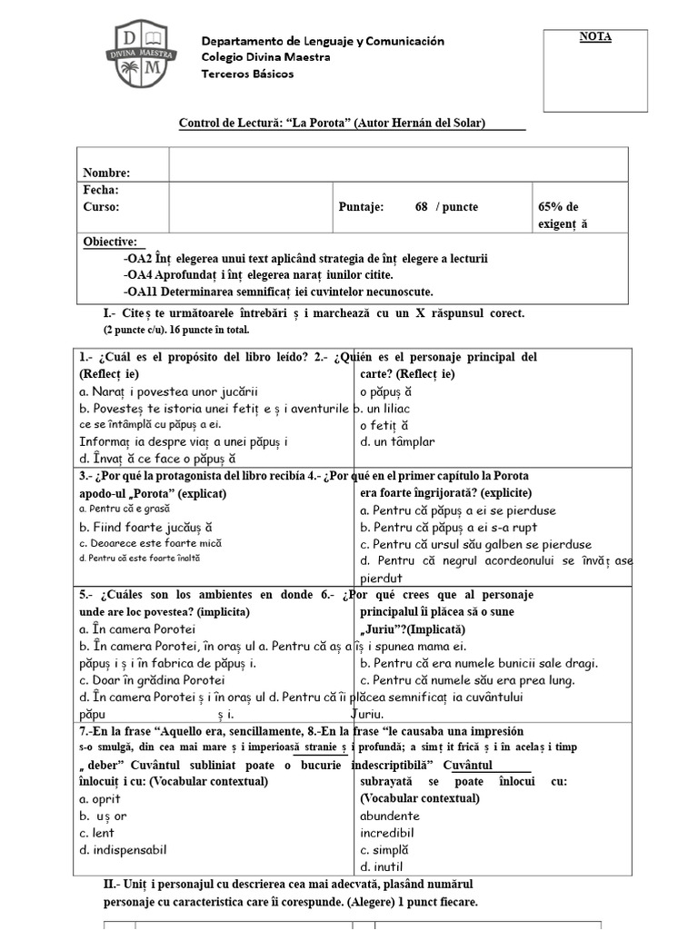 Control de Lectură Clasa A 3-A La Porota | PDF