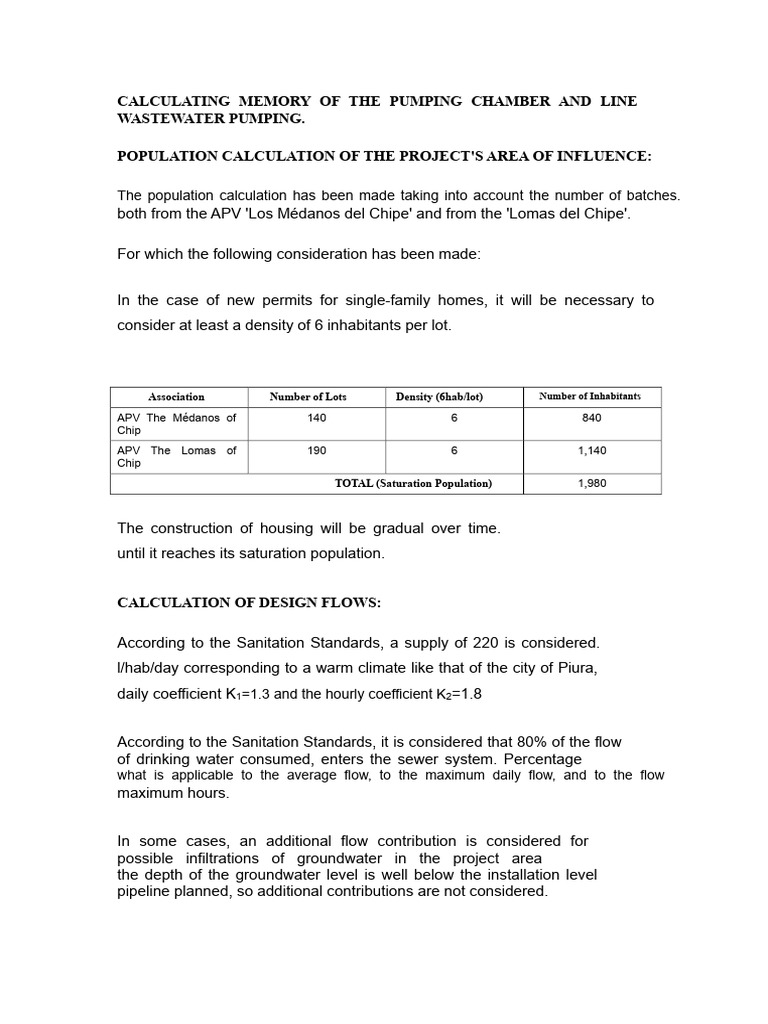 Wastewater Pumping Chamber Design Calculations | PDF | Pump | Hydraulic ...