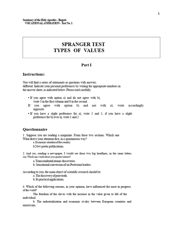 Spranger Test: Vocational Values Questionnaire | PDF