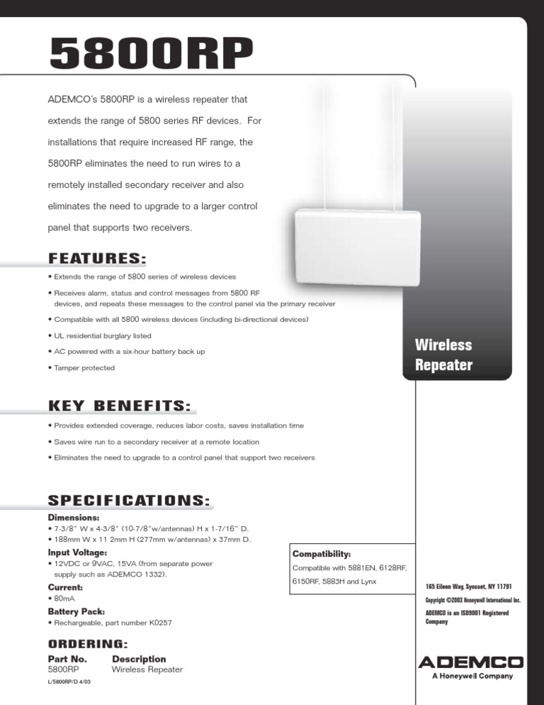 Honeywell 5800rp Data Sheet | PDF