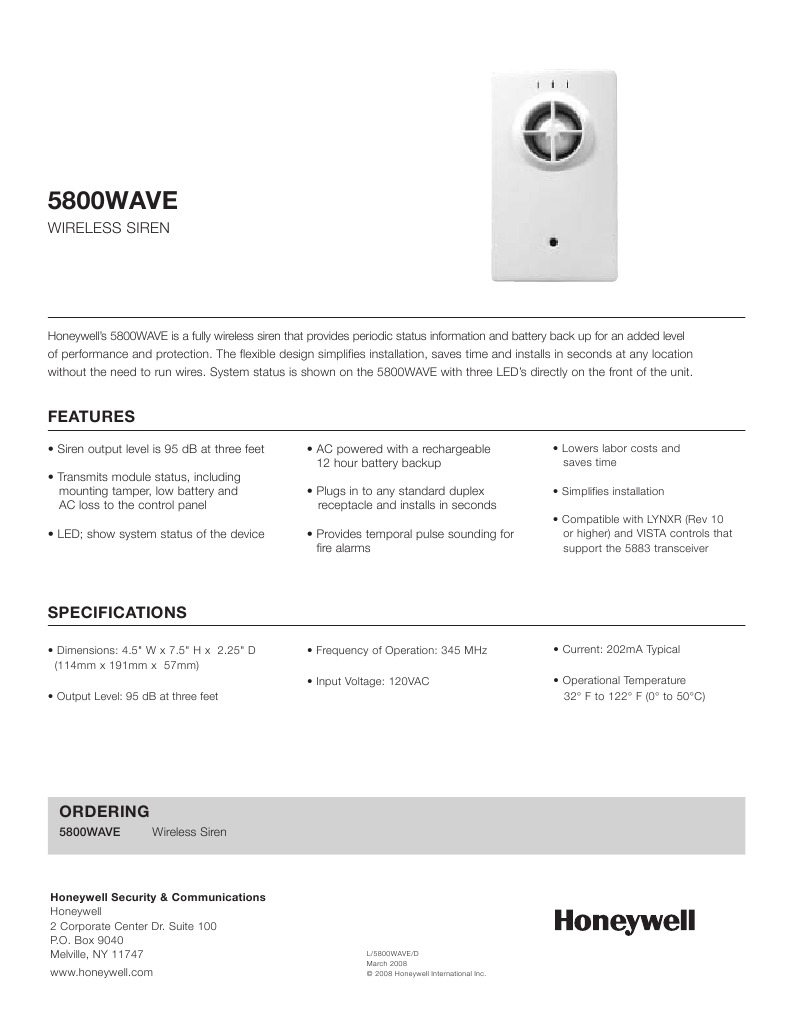 Honeywell 5800wave Data Sheet | PDF