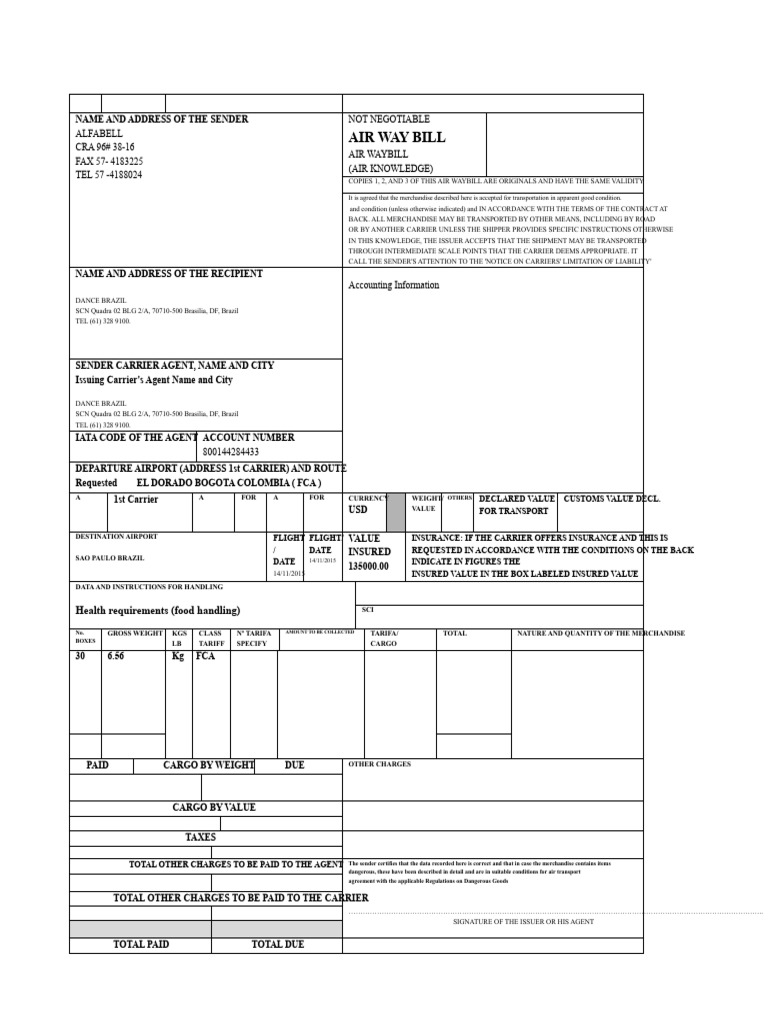 Air Waybill for International Shipment | PDF