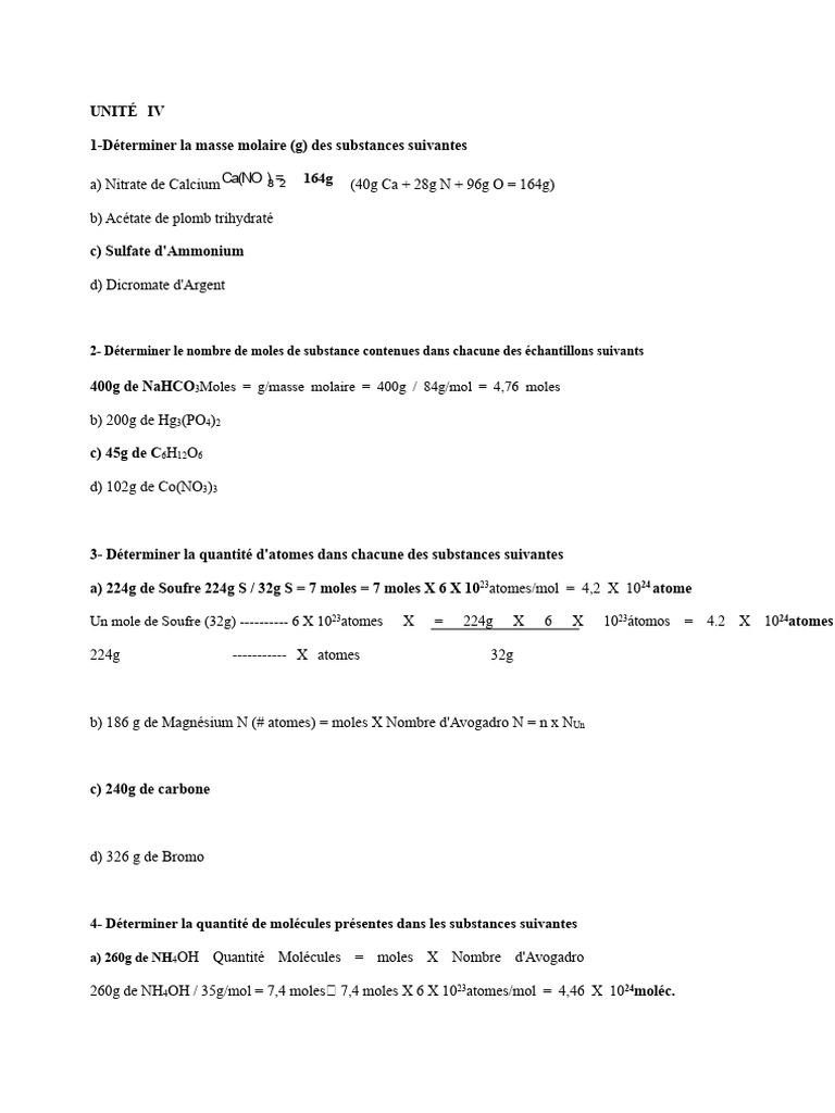 Calculs de chimie : masses, moles et compositions | PDF | Mole (unité ...