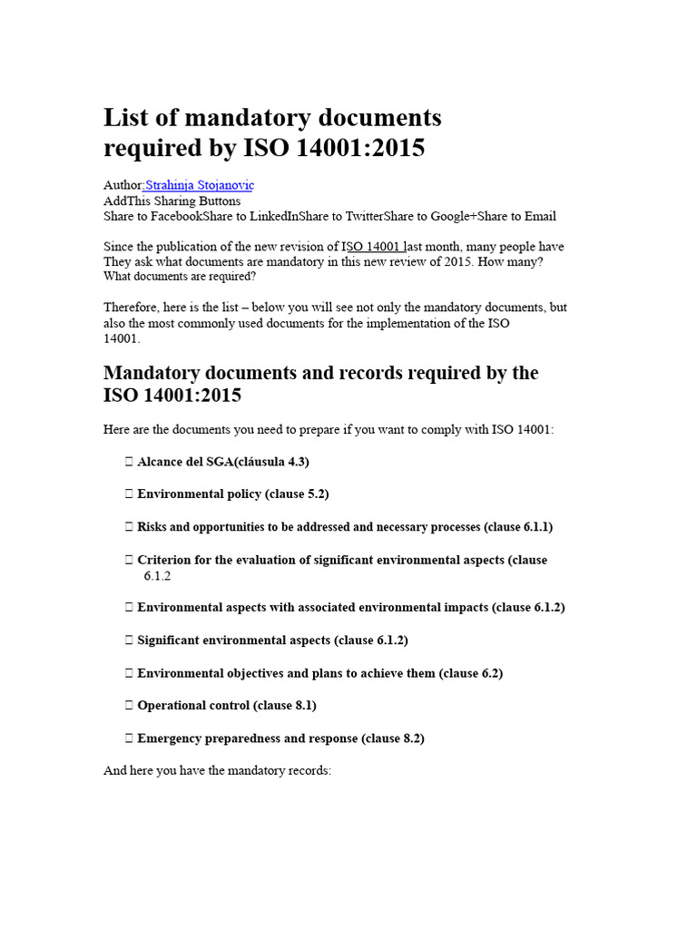 List of Mandatory Documents Required by ISO 14001 | PDF | Business