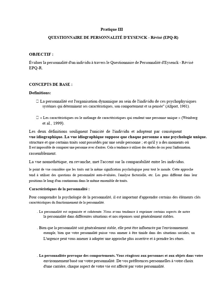 Questionnaire de Personnalité d'Eysenck EPQ-R | PDF | Introversion et ...