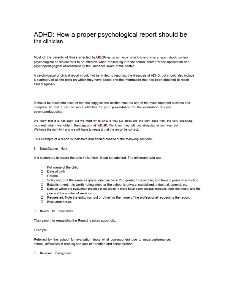 Essential ADHD Psychological Report Guide | PDF | Learning | Medical ...