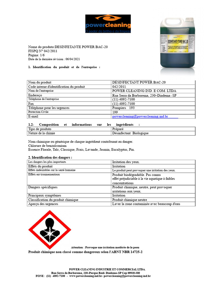 Désinfectant Power Bac-20 FISPQ 042/2011 | PDF | Chimie | Solvant
