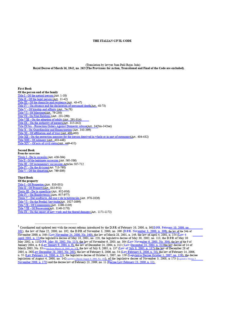 Italian Civil Code Article 1 To Article 158 PDF Decree Private Law