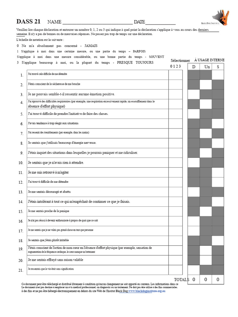 Évaluation DASS 21 : Dépression, Anxiété, Stress | PDF | Dépression ...