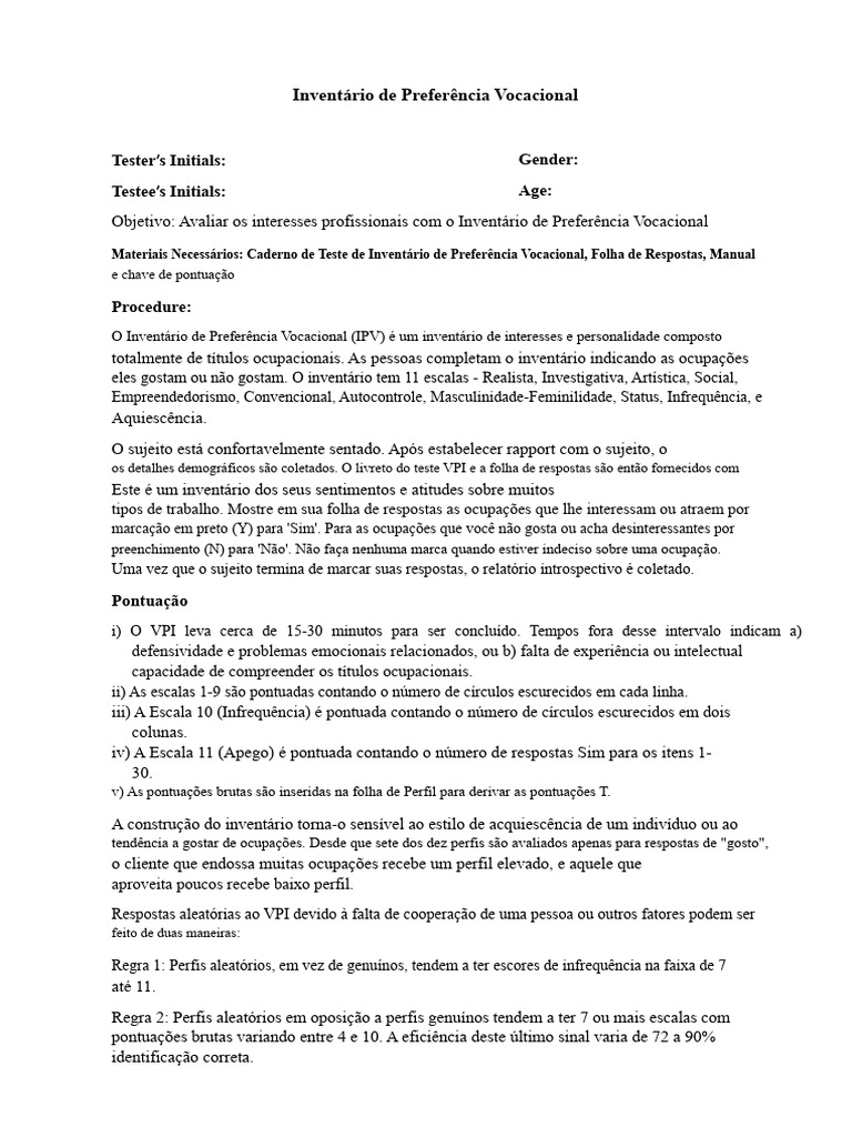 Inventário de Preferência Vocacional: Guia Completo | PDF