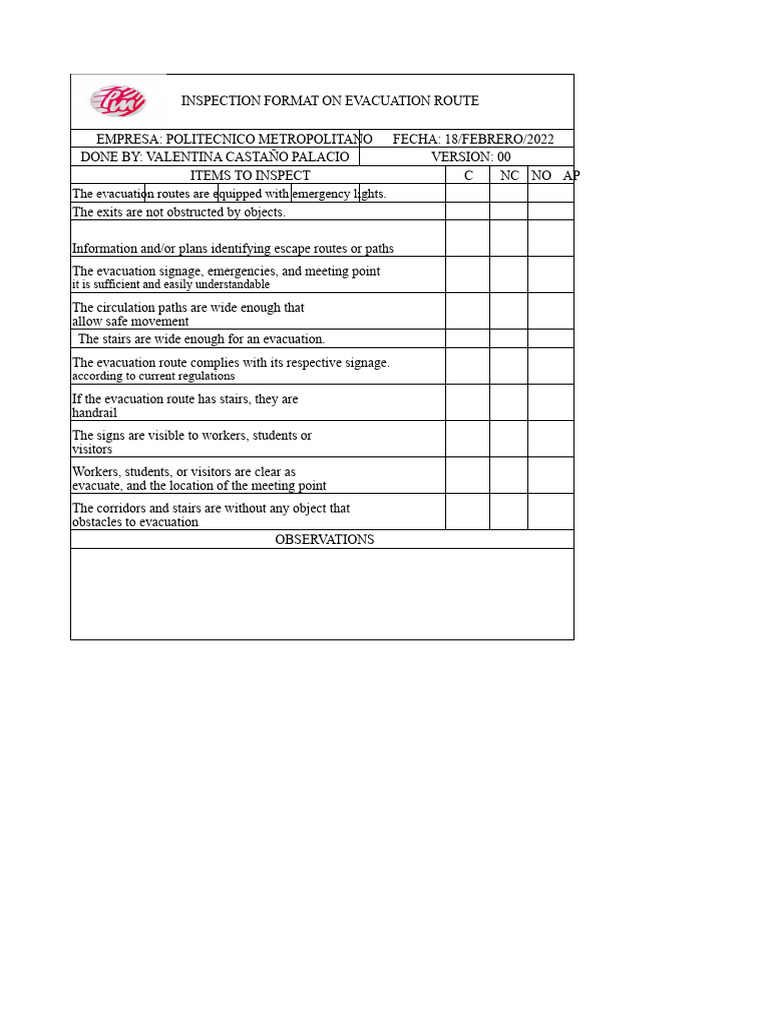 Evacuation Route Inspection Checklist | PDF