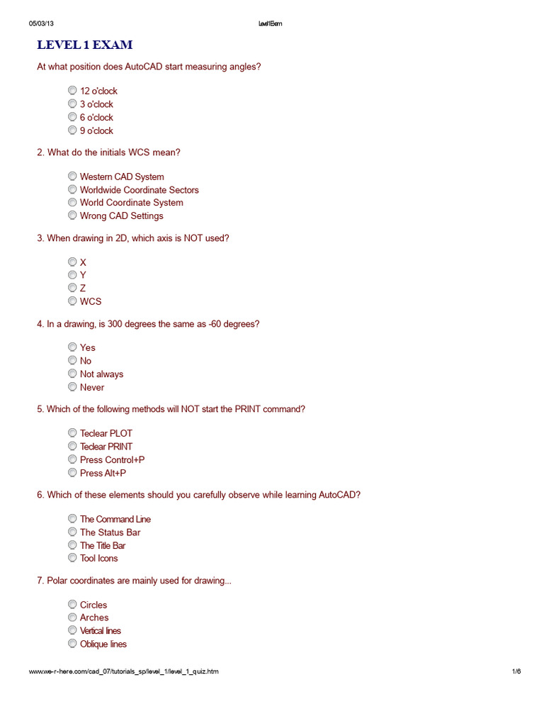 AutoCAD Level 1 Exam Questions | PDF | Auto Cad | Angle